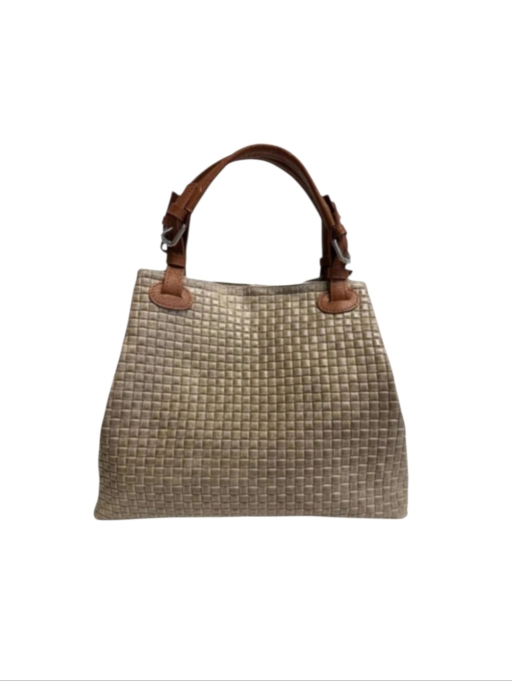 Taupe And Tan Handles Italian Artisanal Tote With Long Strap